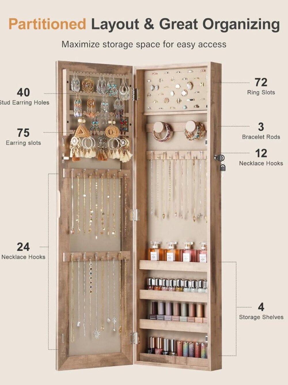 Mirror Jewelry Cabinet, Jewelry Armoire with Full Length Mirror,Mirror with Jewe - Picture 4 of 7